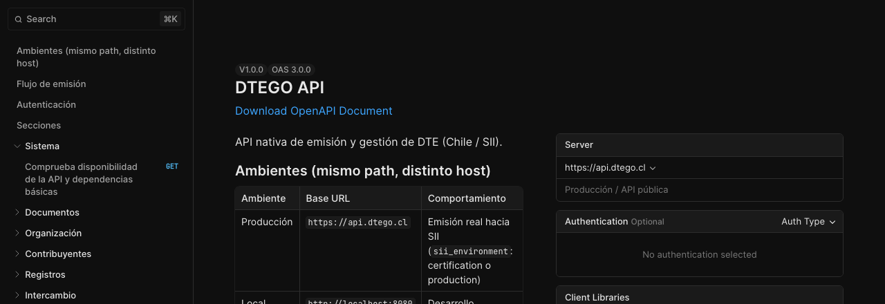 Documentación OpenAPI de DTEGO en docs.dtego.cl